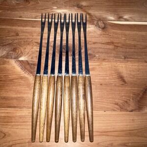 MCM Long Stainless Forks Dark Wood Teak Handles FONDUE Set of 8 VTG 10"